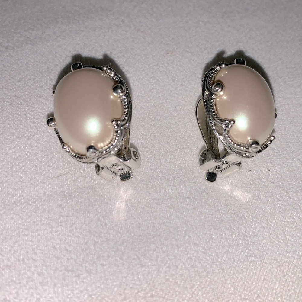 Silver Tone and white Costume clip on earrings